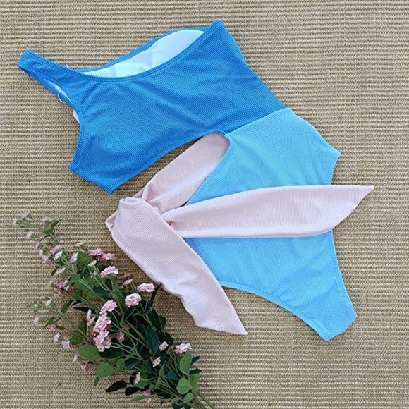 SPORLIKE Asymmetric Ribbed Color Block One-Piece Swimsuit  -  NEW WITH T… - Picture 7 of 10